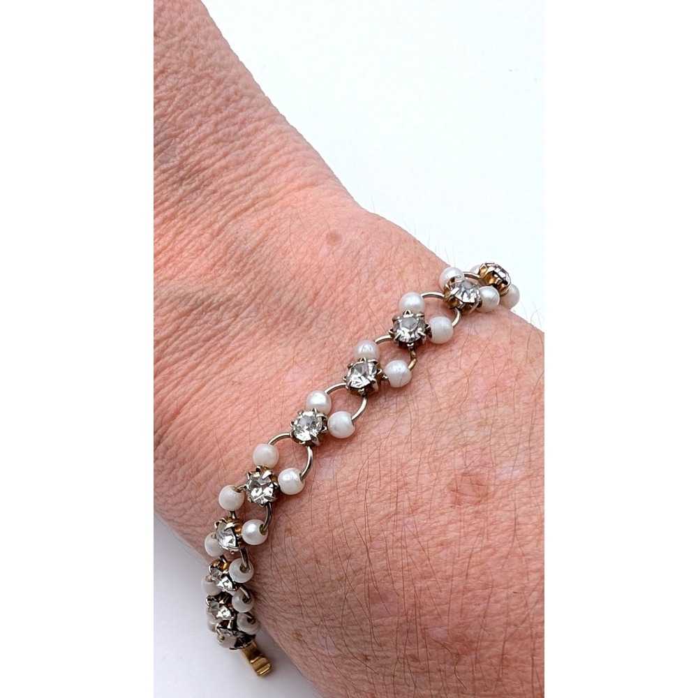 Vintage Faux Pearl Rhinestone Link Bracelet Silver Tone Bridal Wedding 7.5 Inch
